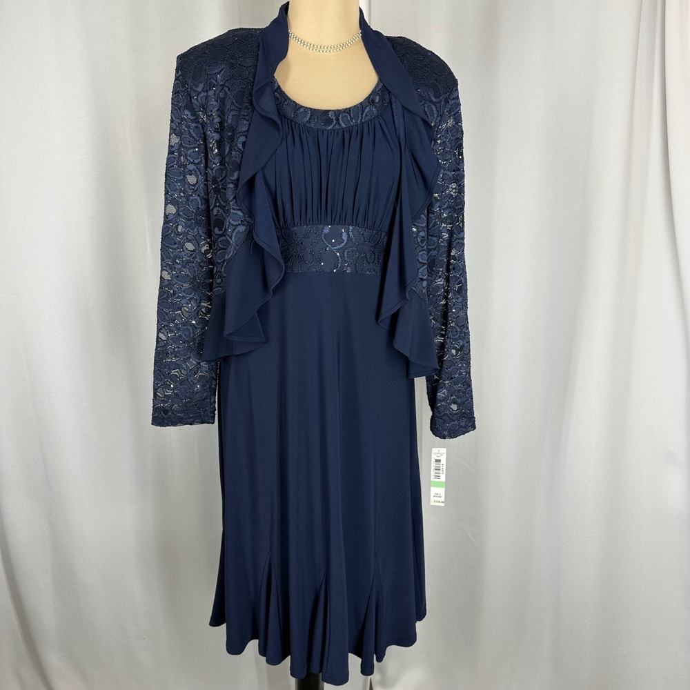R&M Richards 2 Pc Dress Jacket‎ Set Womens 8 Navy Lace Formal Evening